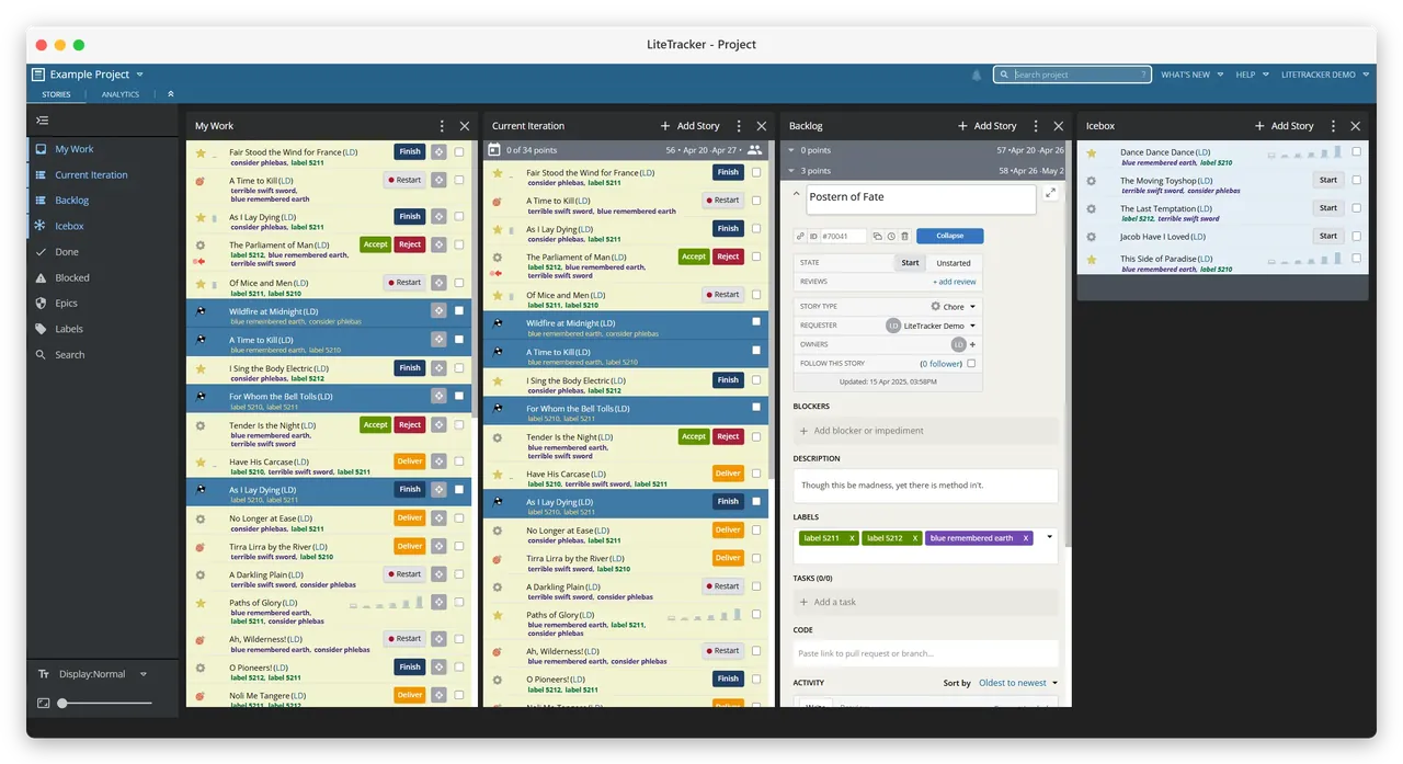 LiteTracker app — story management and sprint planning